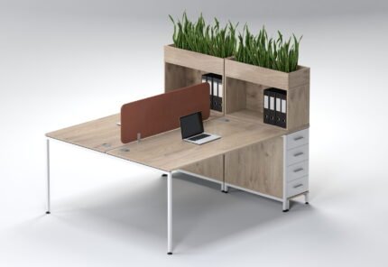 Light oak 2-person workstation with white 3-drawer units and terracotta privacy screen.