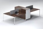 Dark walnut wood finish 4-person office desk with light grey storage cabinets.