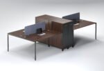 4-person workstation featuring deep walnut wood and charcoal black storage units.