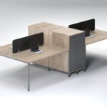 Light oak finish 4-person office workstation with slate grey vertical storage.