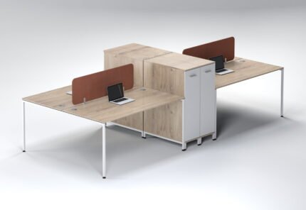 Light natural oak 4-person desk with white storage and terracotta privacy screens.
