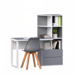 Dark grey study table with bookshelf and chair