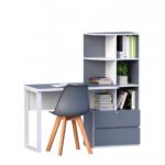 Grey study table with bookshelf and chair for home office