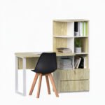 Beige study table with bookshelf and chair for modern interior