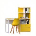 Yellow study table with bookshelf and chair for modern home office
