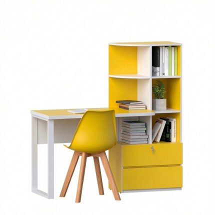Yellow study table with bookshelf and chair for modern home office
