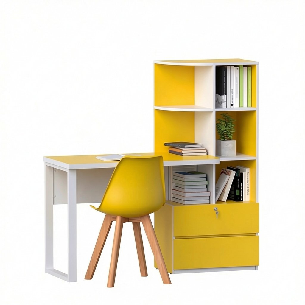 Yellow study table with bookshelf and chair for modern home office