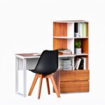 Warm wood finish study table with bookshelf and chair