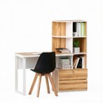 Light wood study table with bookshelf and chair for home study
