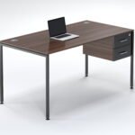 Black frame executive desk with dark wood top