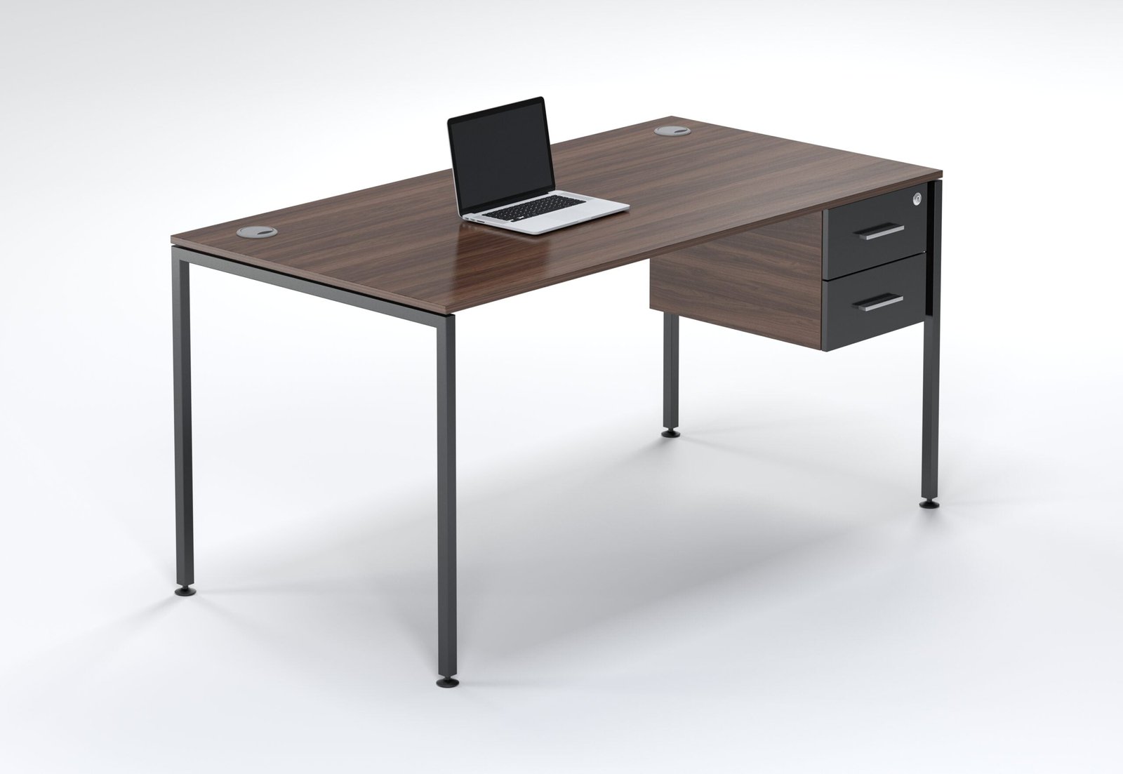 Black frame executive desk with dark wood top