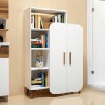 Modern wooden storage cabinet with white doors and open shelves