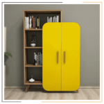 Modern storage cabinet with bold color doors and bookshelf design