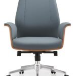 Side profile of Imperial UDL 6801B mid-back chair showing walnut wood frame and grey leatherette.