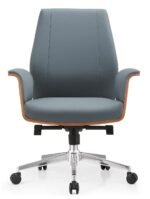 Side profile of Imperial UDL 6801B mid-back chair showing walnut wood frame and grey leatherette.