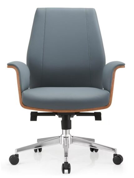 Side profile of Imperial UDL 6801B mid-back chair showing walnut wood frame and grey leatherette.
