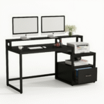 Minimalist computer desk with metal frame and storage unit