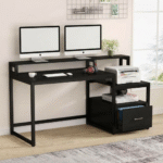 Modern computer table with storage drawer and dual monitor setup