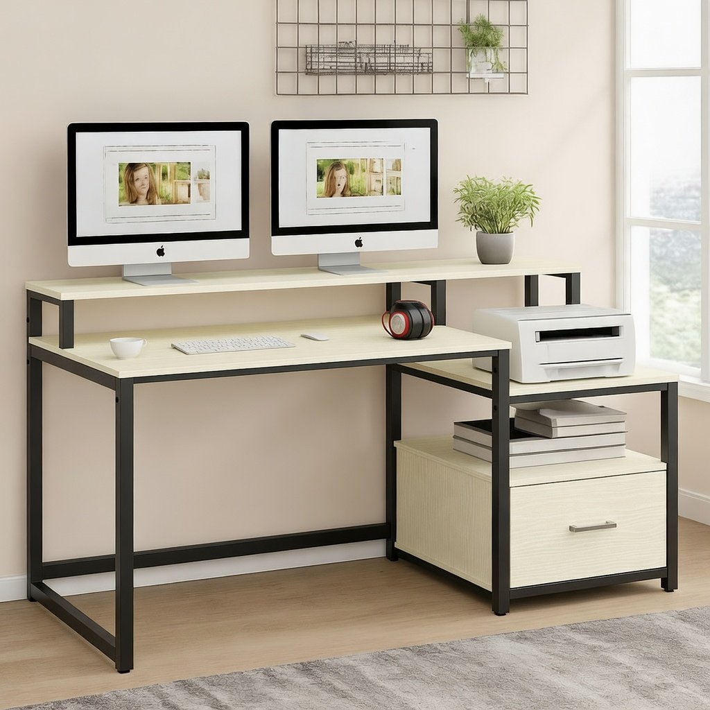 Study desk with storage drawer and open shelf in modern design