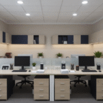 Modern dual workstation office setup with 32mm laminated tabletop, MS structure and hanging cabinet in Bangladesh