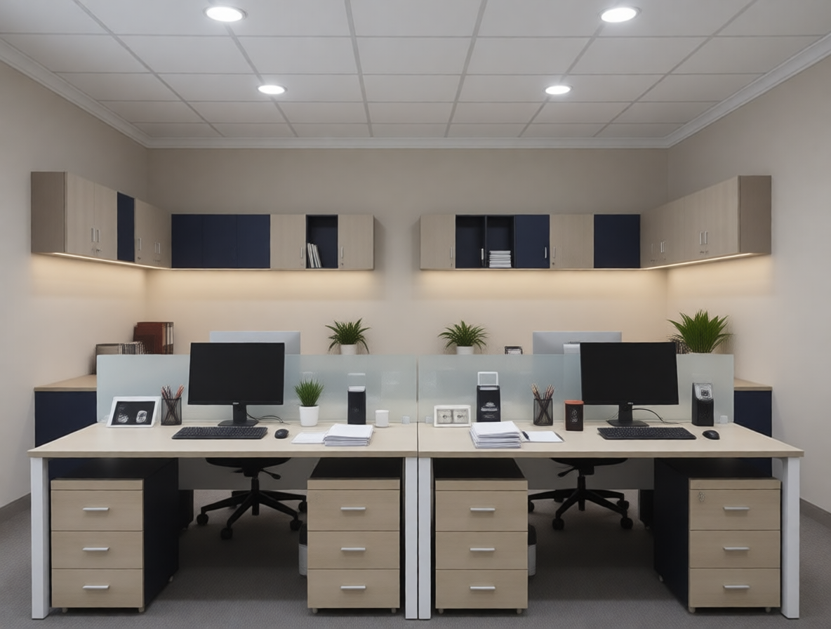 Modern dual workstation office setup with 32mm laminated tabletop, MS structure and hanging cabinet in Bangladesh