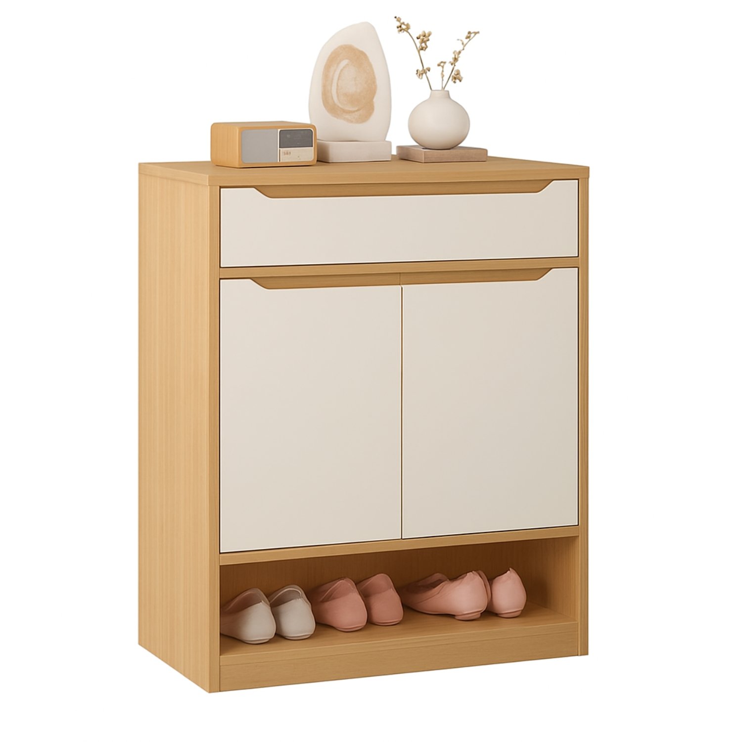 Modern-Laminated-Shoe-Cabinet-UDL-SR-2811 UDL SR-2811 Modern Laminated Shoe Cabinet with white doors and top drawer