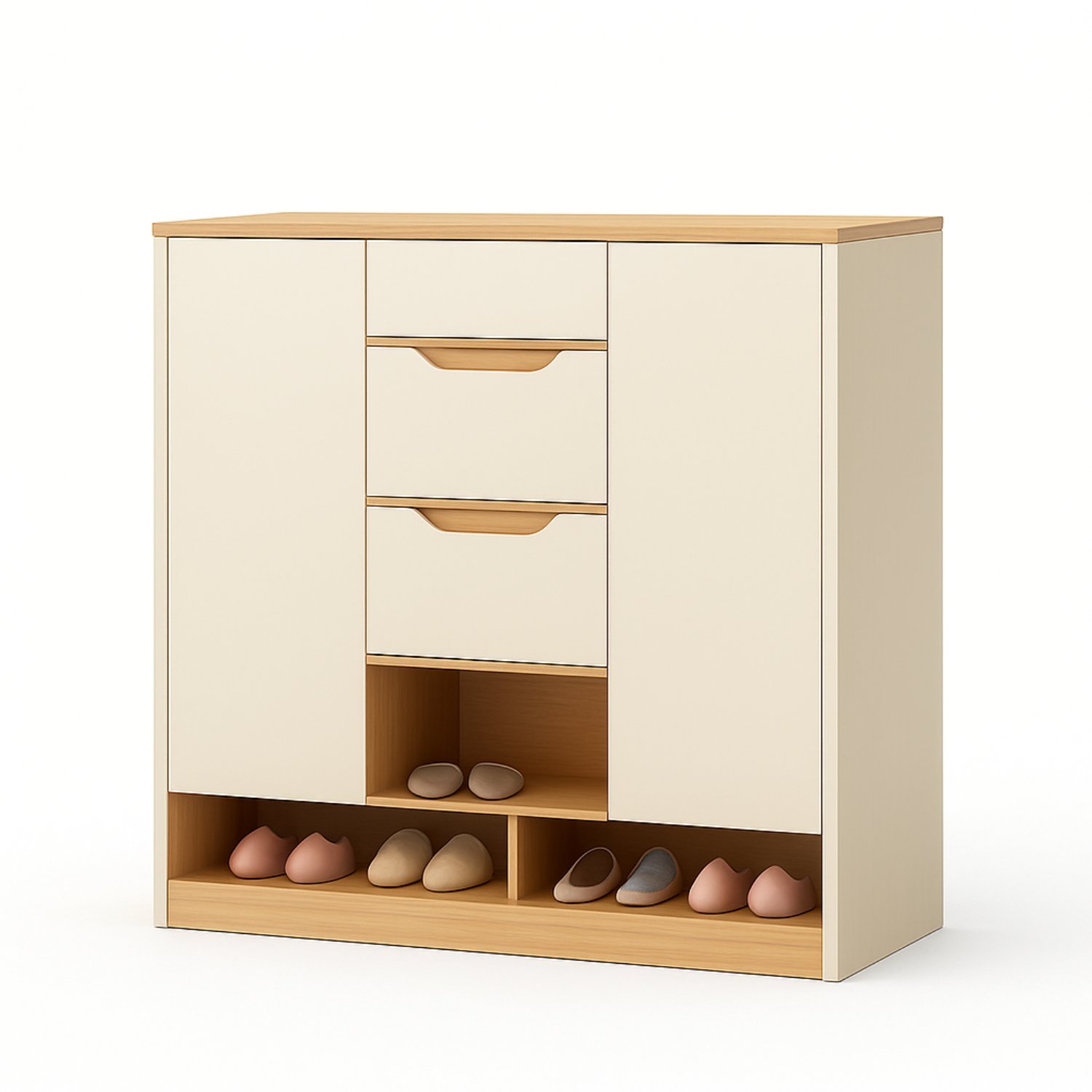 Modern-Multi-Functional-Shoe-Cabinet-UDL-SR-2813 UDL SR-2813 Modern Multi-Functional Shoe Cabinet in cream and wood finish