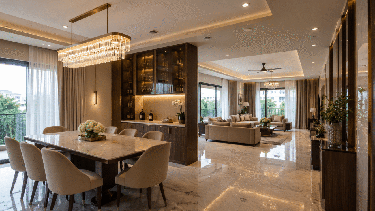 Luxurious open-plan dining and living room interior design by Ultimate Designs Ltd with modern chandeliers and marble flooring.