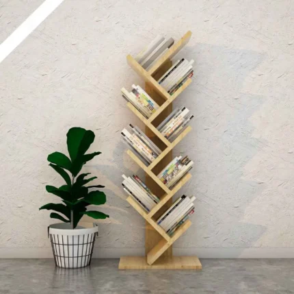 Wooden tree style book shelf UDL BS-2607 with angled shelves for book storage