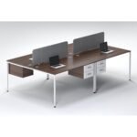 4 Person Workstation Desk with Drawers UDL OWS 824 dark walnut tops grey fabric screen dividers white suspended pedestals by Ultimate Designs Ltd
