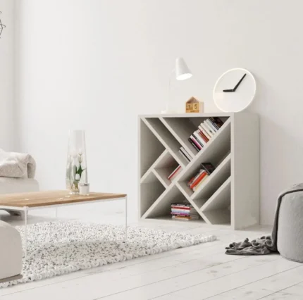 White geometric book shelf UDL BS-2608 with diagonal storage sections for books