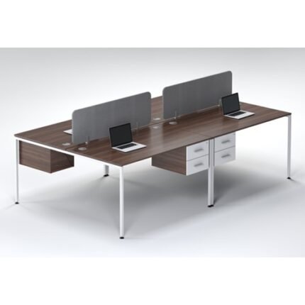 4 Person Workstation Desk with Drawers UDL OWS 824 dark walnut tops grey fabric screen dividers white suspended pedestals by Ultimate Designs Ltd