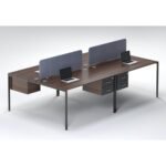 4 Person Workstation Desk with Drawers UDL OWS 824 dark walnut wood top slate blue acoustic screen black steel frame by Ultimate Designs Ltd