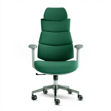 Front view of green express segmented high back director chair with light grey frame and alloy base by Ultimate Designs Ltd