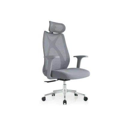 Three-quarter view of grey mesh director chair featuring 3D adjustable armrests and alloy star base