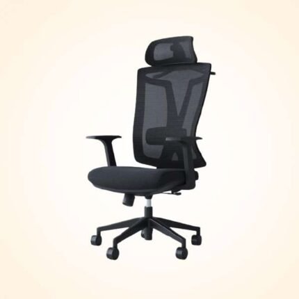 Side profile angle of high back mesh director chair showing lumbar support curve and T-armrests