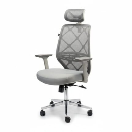 Three-quarter view of grey lattice mesh manager chair with light grey armrests and chrome star base