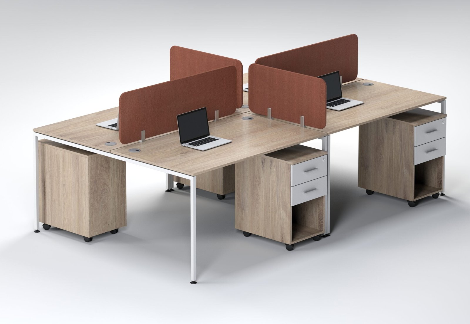 4-person-open-workstation-maple-orange-udl-ows-823 4 Person Open Workstation UDL OWS 823 light maple desktop terracotta orange fabric dividers by Ultimate Designs Ltd