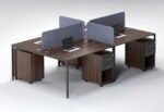 4 Person Open Workstation UDL OWS 823 walnut wood finish slate blue fabric acoustic dividers by Ultimate Designs Ltd