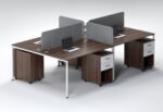 4 Person Open Workstation UDL OWS 823 dark walnut tops grey fabric screen dividers white metal legs by Ultimate Designs Ltd