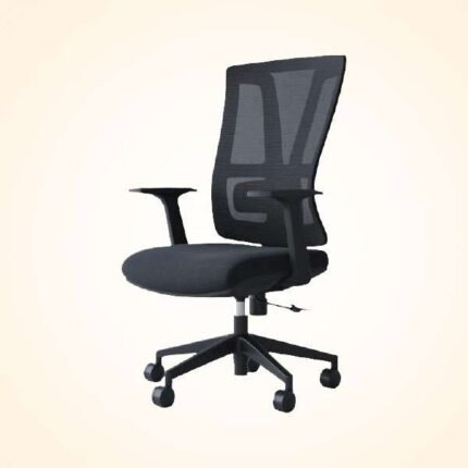 Right three-quarter view of black mid back mesh executive chair displaying Y-frame back support