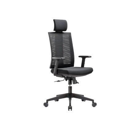 Black mesh director chair UDL C-108 side view with adjustable headrest and armrests
