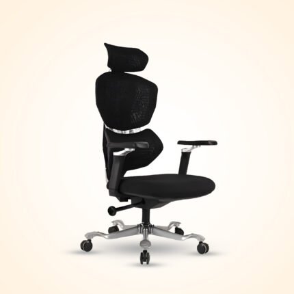 Side angled view of black futuristic mesh director chair featuring split lumbar support, 5D armrests, and headrest by Ultimate Designs Ltd