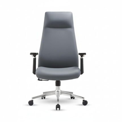 Front view of slate grey elite high back director chair with black armrests and polished base