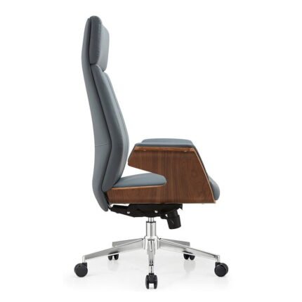 Side view of imperial executive director chair showing walnut wood finish armrests and alloy base