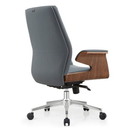 Rear angle showing walnut wood armrest shell and chrome alloy star base of mid back imperial director chair