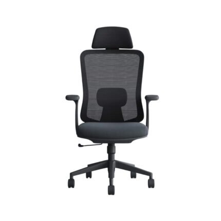 Front elevation view of black ergonomic manager chair with matching black base