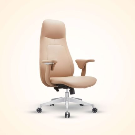 Three-quarter front view of Lumina sand executive director chair in warm sand beige upholstery