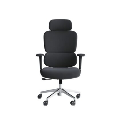 Front view of luxury black director chair with padded headrest and black fabric cushion