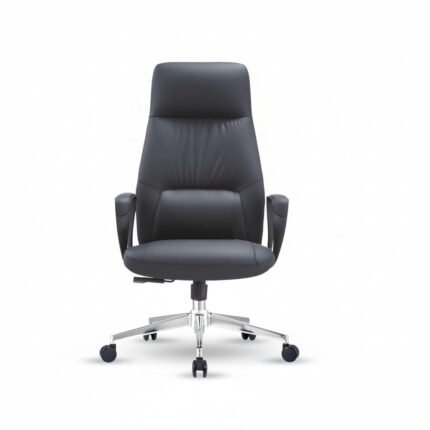 Front view of dark grey modern loft leather director chair with thick seat cushion